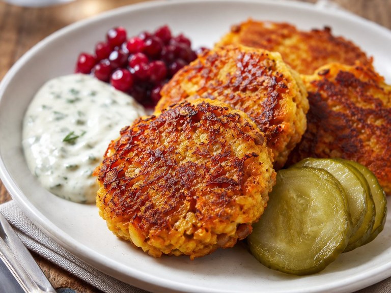 Vegetariska rotfruktsbiffar med gräddsås och lingon